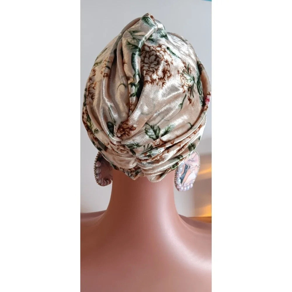 Brown Floral Velvet Front Twist Modest Bohemian Headpiece Hijab Cap Turban